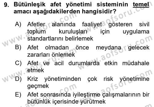 Afet Risk Azaltma Politikaları Dersi 2021 - 2022 Yılı Yaz Okulu Sınav Soruları 9. Soru