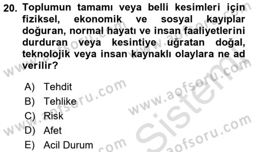 Afet Risk Azaltma Politikaları Dersi Ara Sınavı Deneme Sınav Soruları 20. Soru