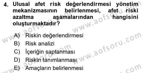 Afet Risk Azaltma Politikaları Dersi Ara Sınavı Deneme Sınav Soruları 4. Soru