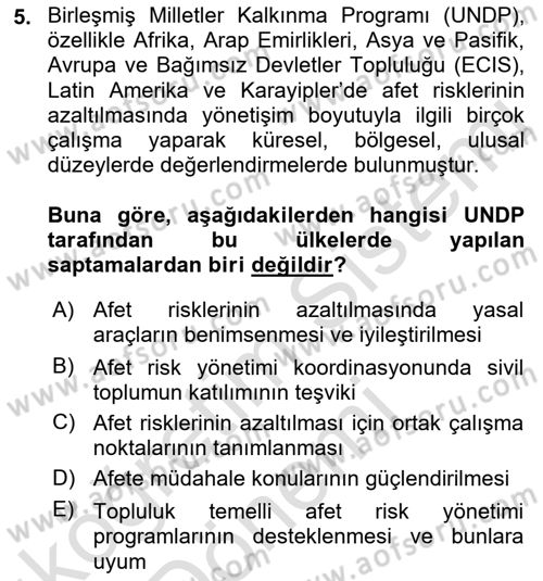 Afet Risk Azaltma Politikaları Dersi Ara Sınavı Deneme Sınav Soruları 5. Soru