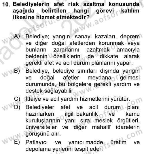 Afet Risk Azaltma Politikaları Dersi Ara Sınavı Deneme Sınav Soruları 10. Soru