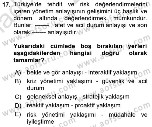 Afet Risk Azaltma Politikaları Dersi Ara Sınavı Deneme Sınav Soruları 17. Soru