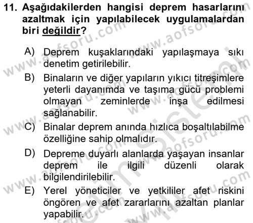 Afet Risk Azaltma Politikaları Dersi 2023 - 2024 Yılı Yaz Okulu Sınav Soruları 11. Soru