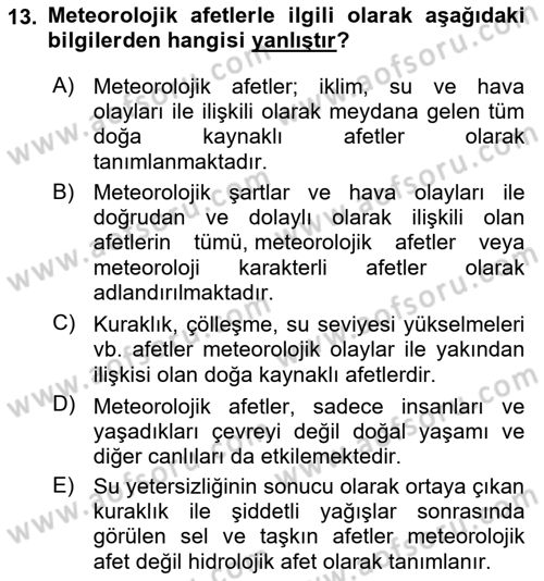 Afet Risk Azaltma Politikaları Dersi 2023 - 2024 Yılı Yaz Okulu Sınav Soruları 13. Soru