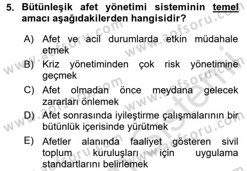 Afet Risk Azaltma Politikaları Dersi 2023 - 2024 Yılı Yaz Okulu Sınav Soruları 5. Soru