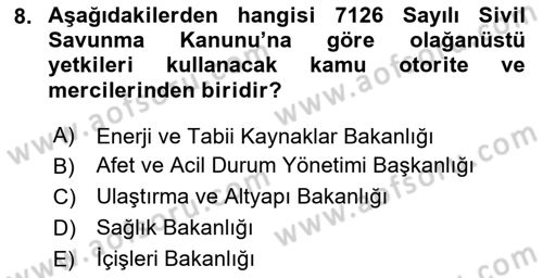 Afet Risk Azaltma Politikaları Dersi 2023 - 2024 Yılı Yaz Okulu Sınav Soruları 8. Soru