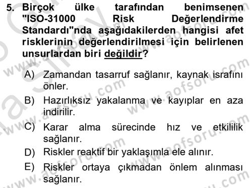 Afet Risk Azaltma Politikaları Dersi Ara Sınavı Deneme Sınav Soruları 5. Soru