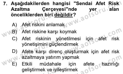 Afet Risk Azaltma Politikaları Dersi Ara Sınavı Deneme Sınav Soruları 7. Soru