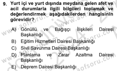 Afet Risk Azaltma Politikaları Dersi 2024 - 2025 Yılı (Vize) Ara Sınav Soruları 9. Soru