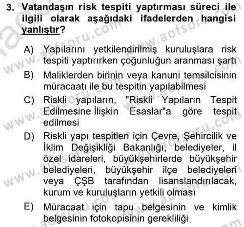 Afet Risk Azaltma Politikaları Dersi 2024 - 2025 Yılı Yaz Okulu Sınav Soruları 3. Soru
