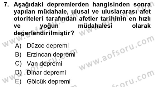 Afet Risk Azaltma Politikaları Dersi 2024 - 2025 Yılı Yaz Okulu Sınav Soruları 7. Soru