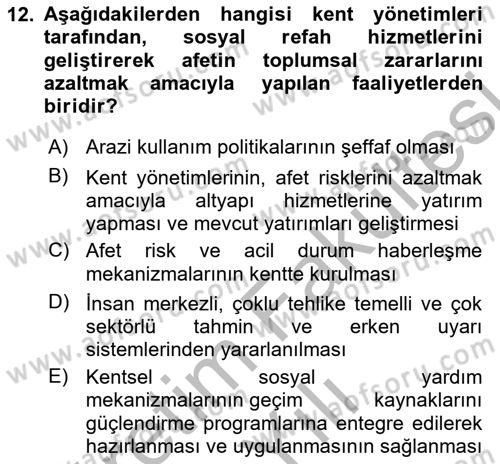 Afet Risk Azaltma Politikaları Dersi 2025 - 2026 Yılı (Vize) Ara Sınav Soruları 12. Soru