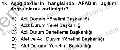 Afet Risk Azaltma Politikaları Dersi 2025 - 2026 Yılı (Vize) Ara Sınav Soruları 13. Soru