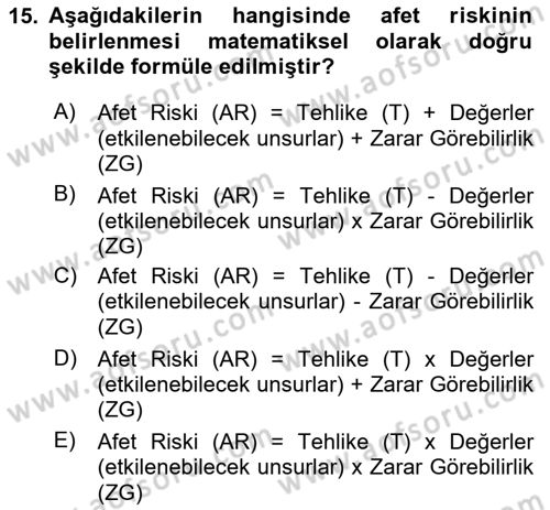 Afet Risk Azaltma Politikaları Dersi 2025 - 2026 Yılı (Vize) Ara Sınav Soruları 15. Soru