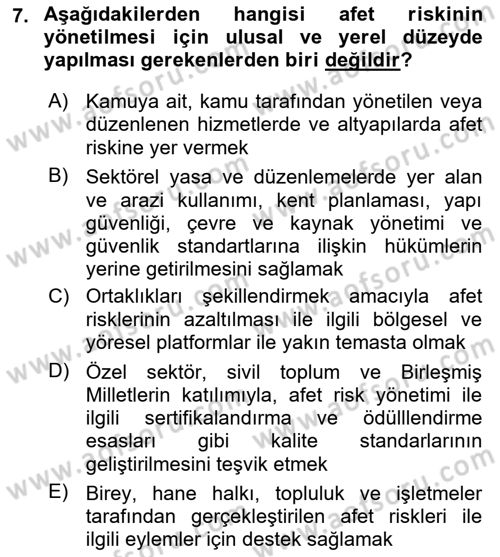 Afet Risk Azaltma Politikaları Dersi 2025 - 2026 Yılı (Vize) Ara Sınav Soruları 7. Soru