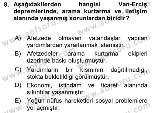 Afet Risk Azaltma Politikaları Dersi 2025 - 2026 Yılı (Final) Dönem Sonu Sınav Soruları 8. Soru