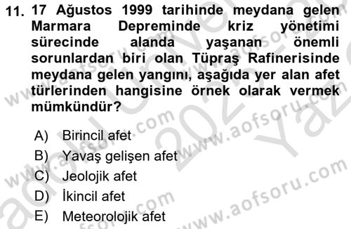 Afet Risk Azaltma Politikaları Dersi 2025 - 2026 Yılı Yaz Okulu Sınav Soruları 11. Soru