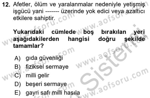 Afet Ekonomisi Ve Sigortacılığı Dersi 2018 - 2019 Yılı Yaz Okulu Sınav Soruları 12. Soru