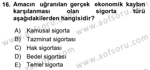 Afet Ekonomisi Ve Sigortacılığı Dersi 2021 - 2022 Yılı (Final) Dönem Sonu Sınavı 16. Soru