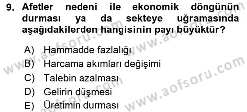 Afet Ekonomisi Ve Sigortacılığı Dersi 2021 - 2022 Yılı Yaz Okulu Sınavı 9. Soru