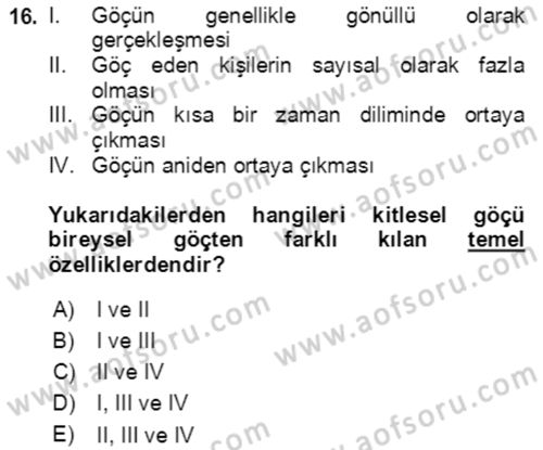 Göç Ve Göç Sorunları Dersi 2019 - 2020 Yılı (Vize) Ara Sınavı 16. Soru