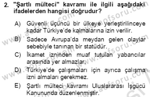 Göç Ve Göç Sorunları Dersi 2019 - 2020 Yılı (Vize) Ara Sınavı 2. Soru