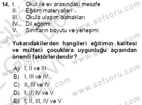 Göç Ve Göç Sorunları Dersi 2021 - 2022 Yılı (Vize) Ara Sınavı 14. Soru