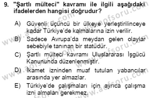 Göç Ve Göçmen Sorunları Dersi Ara Sınavı Deneme Sınav Soruları 9. Soru