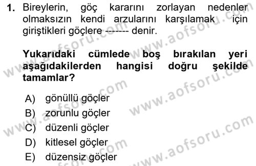 Göç Ve Göçmen Sorunları Dersi 2018 - 2019 Yılı Yaz Okulu Sınav Soruları 1. Soru