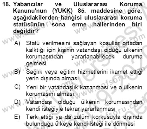 Göç Ve Göçmen Sorunları Dersi 2019 - 2020 Yılı (Final) Dönem Sonu Sınav Soruları 18. Soru