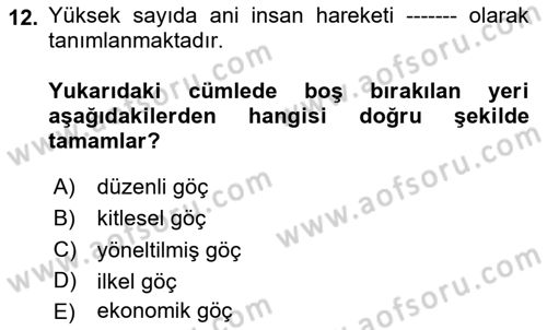 Göç Ve Göçmen Sorunları Dersi Ara Sınavı Deneme Sınav Soruları 12. Soru