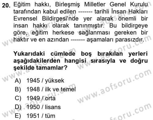 Göç Ve Göçmen Sorunları Dersi Ara Sınavı Deneme Sınav Soruları 20. Soru