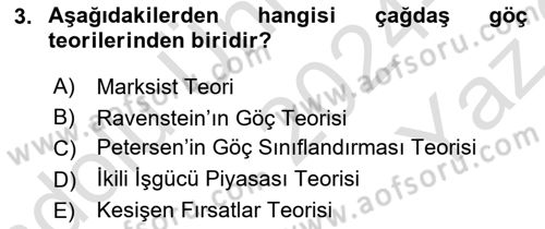 Göç Ve Göçmen Sorunları Dersi 2024 - 2025 Yılı Yaz Okulu Sınav Soruları 3. Soru