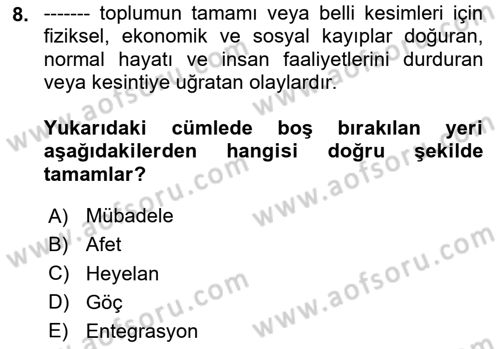 Göç Ve Göçmen Sorunları Dersi 2024 - 2025 Yılı Yaz Okulu Sınav Soruları 8. Soru