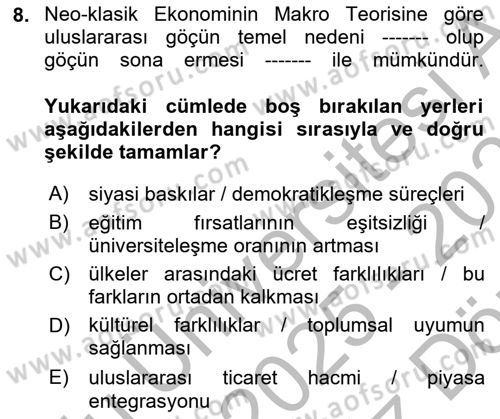 Göç Ve Göçmen Sorunları Dersi 2025 - 2026 Yılı (Vize) Ara Sınav Soruları 8. Soru