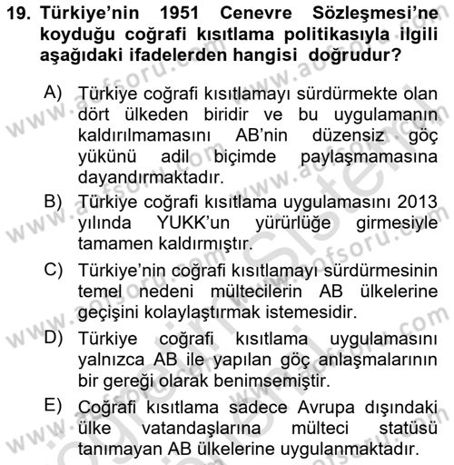 Göç Ve Göçmen Sorunları Dersi 2025 - 2026 Yılı (Final) Dönem Sonu Sınav Soruları 19. Soru