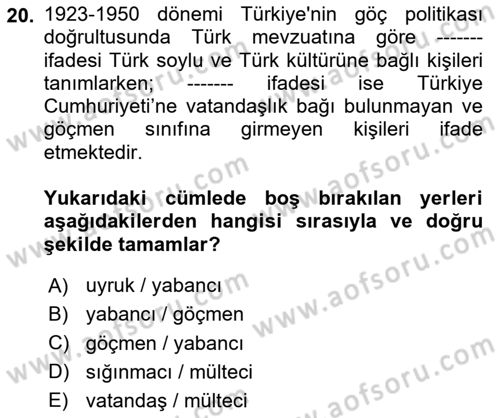 Göç Ve Göçmen Sorunları Dersi 2025 - 2026 Yılı (Final) Dönem Sonu Sınav Soruları 20. Soru