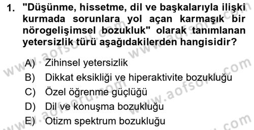 Özel Gereksinimli Bireyler İçin Afet ve Acil Durum Yönetimi Dersi 2018 - 2019 Yılı Yaz Okulu Sınavı 1. Soru