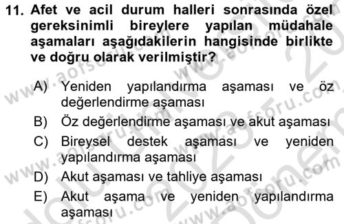 Özel Gereksinimli Bireyler İçin Afet ve Acil Durum Yönetimi Dersi 2023 - 2024 Yılı (Final) Dönem Sonu Sınav Soruları 11. Soru
