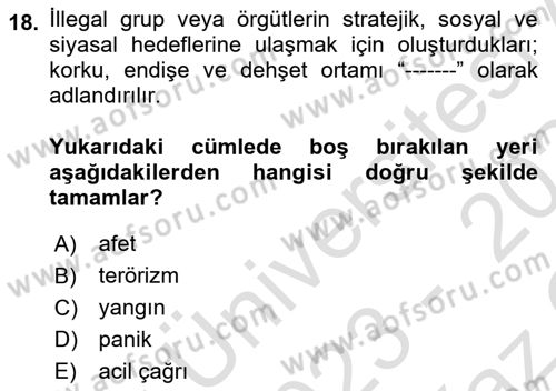 Acil Çağrı Yönetimi Dersi 2023 - 2024 Yılı Yaz Okulu Sınav Soruları 18. Soru