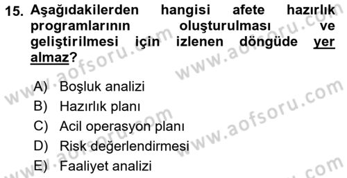 Afet Yönetiminde Sağlık Hizmetleri Dersi 2022 - 2023 Yılı (Vize) Ara Sınavı 15. Soru