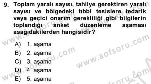 Afet Yönetiminde Sağlık Hizmetleri Dersi 2022 - 2023 Yılı (Vize) Ara Sınavı 9. Soru