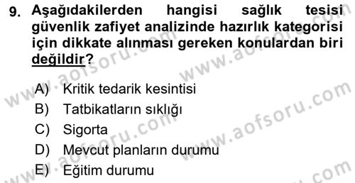 Afet Yönetiminde Sağlık Hizmetleri Dersi 2022 - 2023 Yılı Yaz Okulu Sınavı 9. Soru