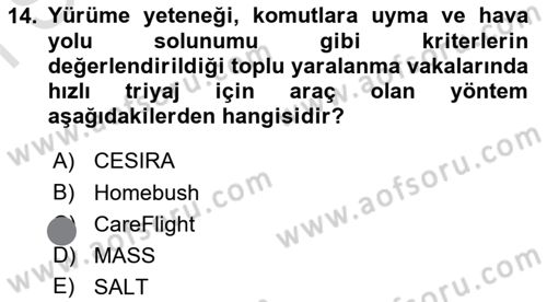 Afet Yönetiminde Sağlık Hizmetleri Dersi 2023 - 2024 Yılı (Final) Dönem Sonu Sınavı 14. Soru