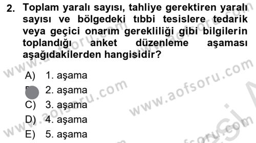 Afet Yönetiminde Sağlık Hizmetleri Dersi 2023 - 2024 Yılı (Final) Dönem Sonu Sınavı 2. Soru