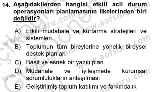 Afet Yönetiminde Sağlık Hizmetleri Dersi 2024 - 2025 Yılı (Vize) Ara Sınavı 14. Soru