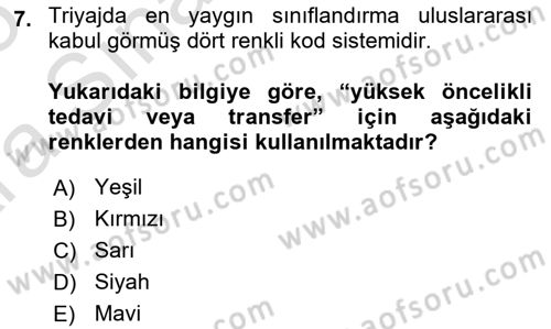 Afet Yönetiminde Sağlık Hizmetleri Dersi 2024 - 2025 Yılı (Vize) Ara Sınavı 7. Soru