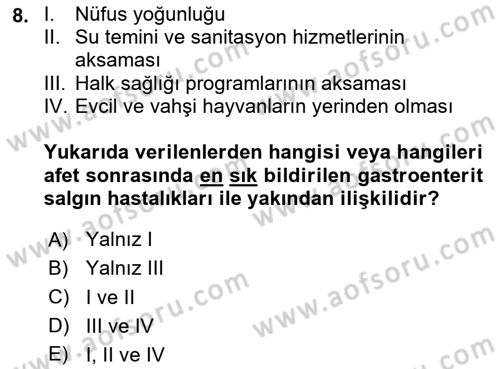 Afet Yönetiminde Sağlık Hizmetleri Dersi 2024 - 2025 Yılı (Vize) Ara Sınavı 8. Soru