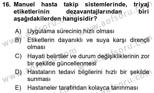Afet Yönetiminde Sağlık Hizmetleri Dersi 2024 - 2025 Yılı Yaz Okulu Sınav Soruları 16. Soru
