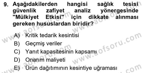 Afet Yönetiminde Sağlık Hizmetleri Dersi 2024 - 2025 Yılı Yaz Okulu Sınav Soruları 9. Soru